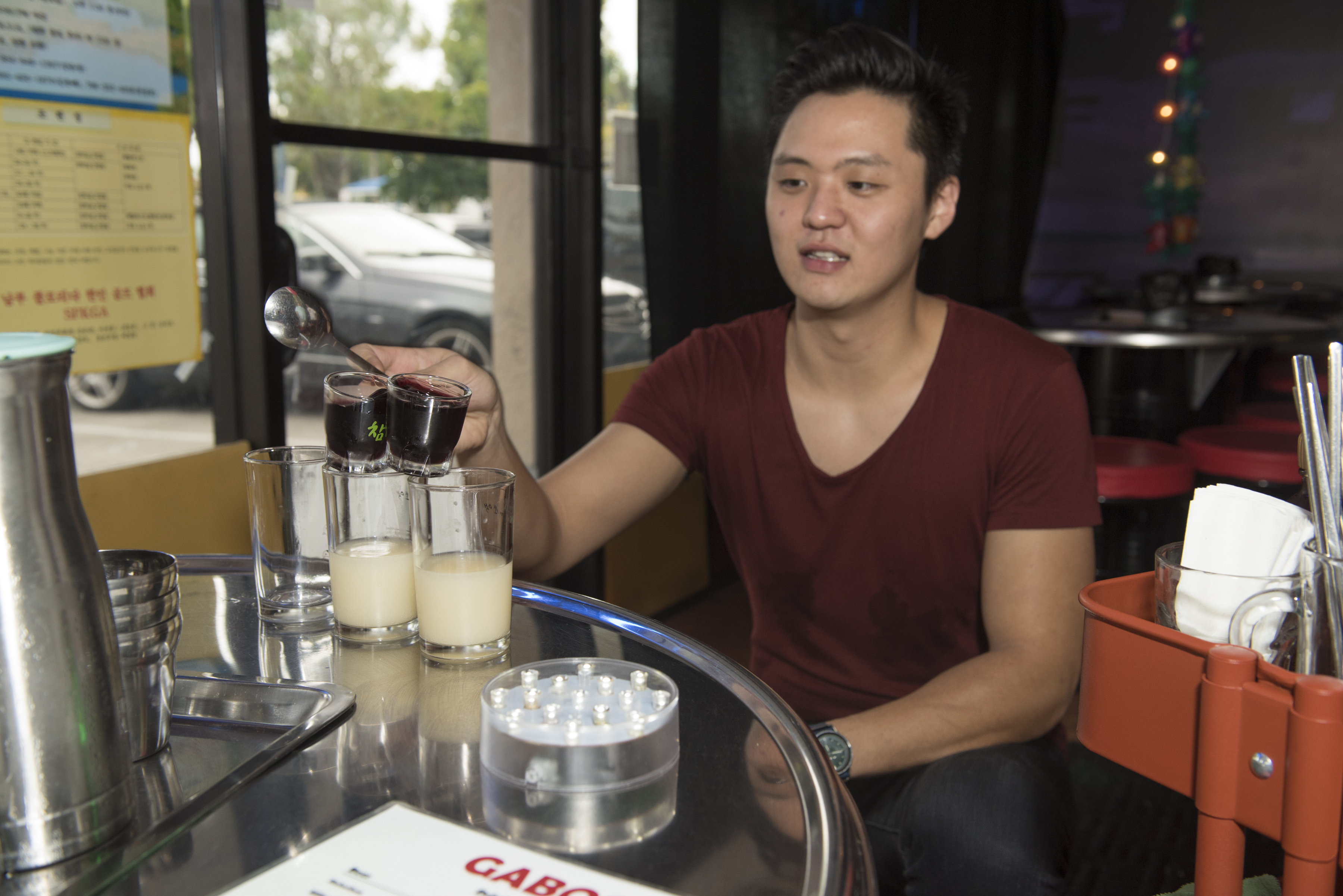 Manager Danny making a Soju Sunrise Shot. He created this shot himself.